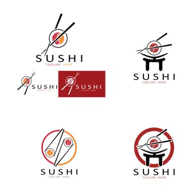 Suşi logo şablonu. Vektör Simgesi İllüstrasyon Barı veya Dükkan, Suşi, Somon Roll, Suşi ve çubuk çubuğu veya restoran vektör logosu şablonu ile rulo 