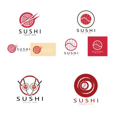 Suşi logo şablonu. Vektör Simgesi İllüstrasyon Barı veya Dükkan, Suşi, Somon Roll, Suşi ve çubuk çubuğu veya restoran vektör logosu şablonu ile rulo 