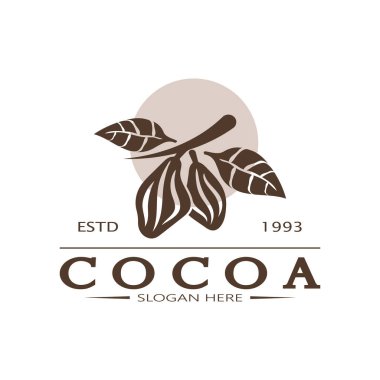 cocoa logo,cocoa bean,cocoa tree,cocoa branches and leaves,chocolate mix on white background,vintage,modern,simple,minimalist icon illustration template design vector