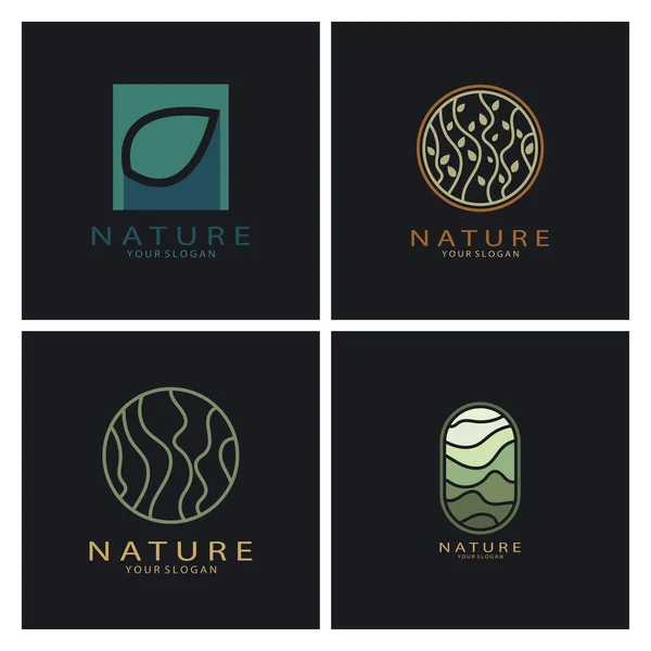 Natuur Vector Logo Met Bomen Rivieren Zeeën Bergen Bedrijfsemblemen Reisinsignes — Stockvector