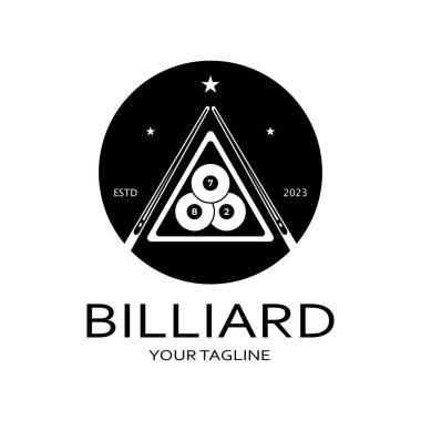 Bilardo topları ve sopalarla basit bilardo şablonu çizimi, bilardo standı, bilardo masası tasarımı, fatura yarışması, mobil bilardo oyunu, uygulama, rozet, bilardo, vektör sporu