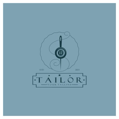 elbise, iplik ve dikiş makinesi, giyim ürünleri tasarımı, nakliye şirketleri, moda vektör formu için düğmelerin kombinasyonu logo resimleme şablonu