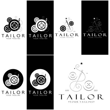 elbise, iplik ve dikiş makinesi, giyim ürünleri tasarımı, nakliye şirketleri, moda vektör formu için düğmelerin kombinasyonu logo resimleme şablonu