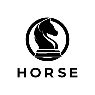 At, papaz, piyon, bakan ve kaleli satranç stratejisi logosu. Satranç turnuvası logosu, satranç takımı, satranç şampiyonluğu, satranç oyunu uygulaması.