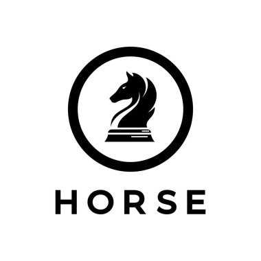 At, papaz, piyon, bakan ve kaleli satranç stratejisi logosu. Satranç turnuvası logosu, satranç takımı, satranç şampiyonluğu, satranç oyunu uygulaması.