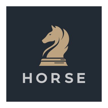 At, papaz, piyon, bakan ve kaleli satranç stratejisi logosu. Satranç turnuvası logosu, satranç takımı, satranç şampiyonluğu, satranç oyunu uygulaması.