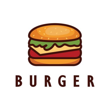 Burger logosu, restoran amblemi, kafe, burger ve fabrika etiketi, fast food, vektör