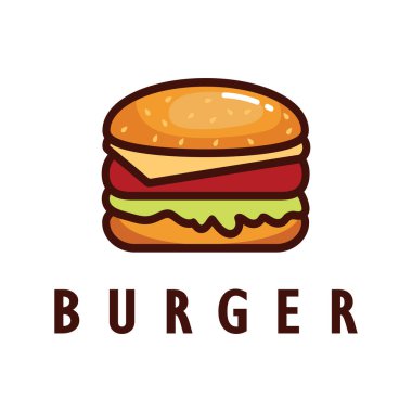 Burger logosu, restoran amblemi, kafe, burger ve fabrika etiketi, fast food, vektör