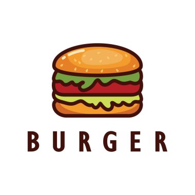 Burger logosu, restoran amblemi, kafe, burger ve fabrika etiketi, fast food, vektör