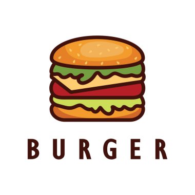 Burger logosu, restoran amblemi, kafe, burger ve fabrika etiketi, fast food, vektör