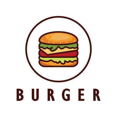 Burger logosu, restoran amblemi, kafe, burger ve fabrika etiketi, fast food, vektör