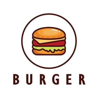 Burger logosu, restoran amblemi, kafe, burger ve fabrika etiketi, fast food, vektör