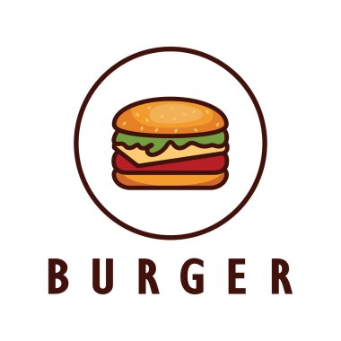 Burger logosu, restoran amblemi, kafe, burger ve fabrika etiketi, fast food, vektör