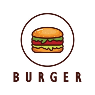 Burger logosu, restoran amblemi, kafe, burger ve fabrika etiketi, fast food, vektör