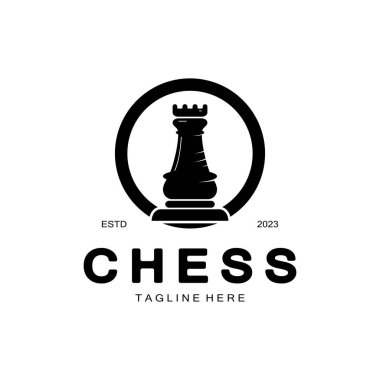 At, papaz, piyon, bakan ve kaleli satranç stratejisi logosu. Satranç turnuvası logosu, satranç takımı, satranç şampiyonluğu, satranç oyunu uygulaması.