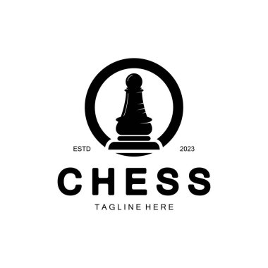 At, papaz, piyon, bakan ve kaleli satranç stratejisi logosu. Satranç turnuvası logosu, satranç takımı, satranç şampiyonluğu, satranç oyunu uygulaması.