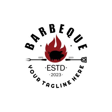 Smoke and BBQ Barbekü Vintage ızgara, çapraz alevler ve spatula. Restoran, rozet, kafe ve barın logosu.