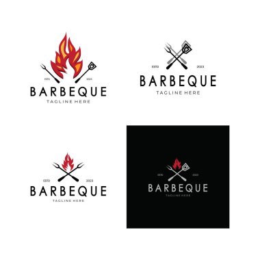 Smoke and BBQ Barbekü Vintage ızgara, çapraz alevler ve spatula. Restoran, rozet, kafe ve barın logosu.