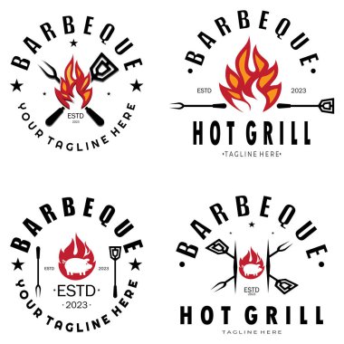Smoke and BBQ Barbekü Vintage ızgara, çapraz alevler ve spatula. Restoran, rozet, kafe ve barın logosu.