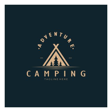 Antika ve eski çadır logosu, kamp. Çadır, ağaç ve şenlik ateşiyle. Maceracılar, keşifçiler, tırmanışçılar, kamp malzemeleri merkezi.