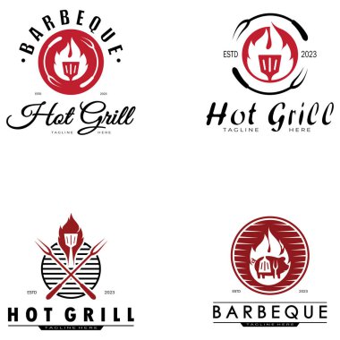 Çapraz alevler ve spatulayla basit bir barbekü ızgarası. Restoran, rozet, kafe ve barın logosu.