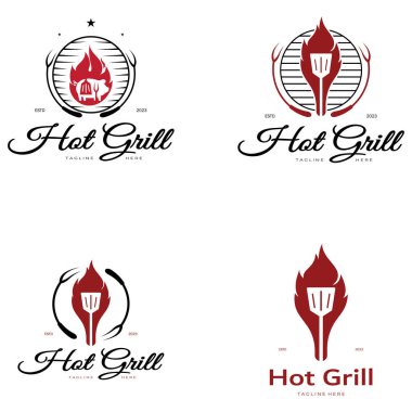 Çapraz alevler ve spatulayla basit bir barbekü ızgarası. Restoran, rozet, kafe ve barın logosu.