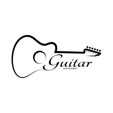 Gitar dükkanı, müzik aleti mağazası, orkestra, gitar dersleri, uygulamalar, oyunlar, müzik stüdyosu, vektör için basit bir müzik gitar enstrümanı logosu.