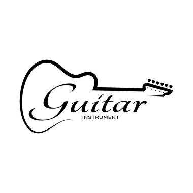 Gitar dükkanı, müzik aleti mağazası, orkestra, gitar dersleri, uygulamalar, oyunlar, müzik stüdyosu, vektör için basit bir müzik gitar enstrümanı logosu.
