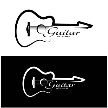 Gitar dükkanı, müzik aleti mağazası, orkestra, gitar dersleri, uygulamalar, oyunlar, müzik stüdyosu, vektör için basit bir müzik gitar enstrümanı logosu.