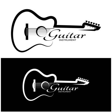 Gitar dükkanı, müzik aleti mağazası, orkestra, gitar dersleri, uygulamalar, oyunlar, müzik stüdyosu, vektör için basit bir müzik gitar enstrümanı logosu.