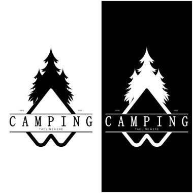 Antika ve eski çadır logosu, kamp. Çadır, ağaç ve şenlik ateşiyle. Maceracılar, keşifçiler, tırmanışçılar, kamp malzemeleri merkezi.
