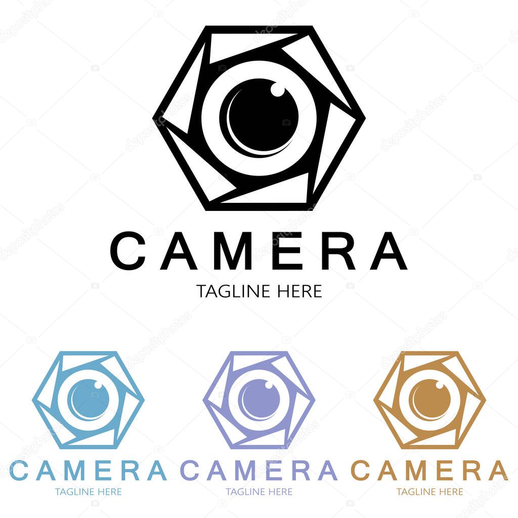 Photography camera logo icon vector design template isolated on black background