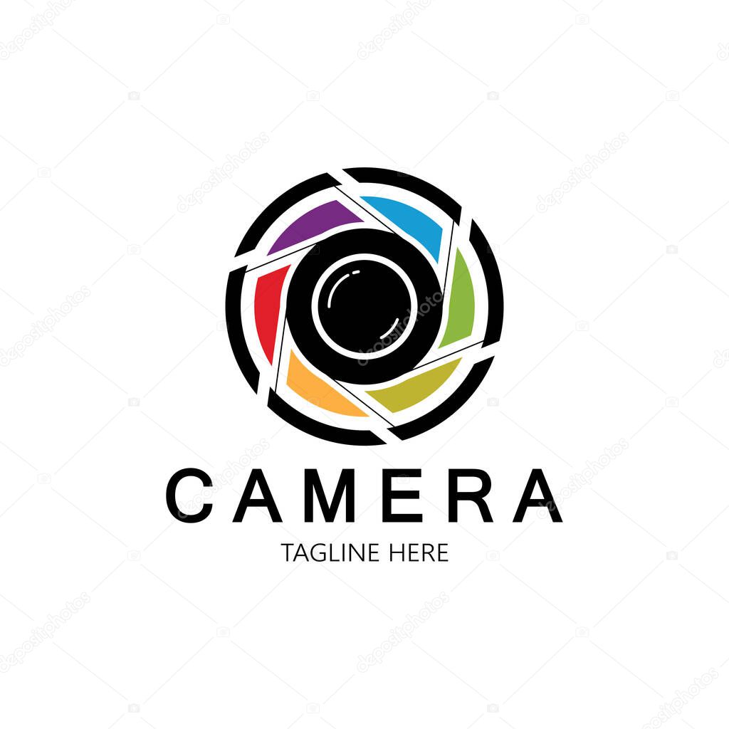 Photography camera logo icon vector design template isolated on black background