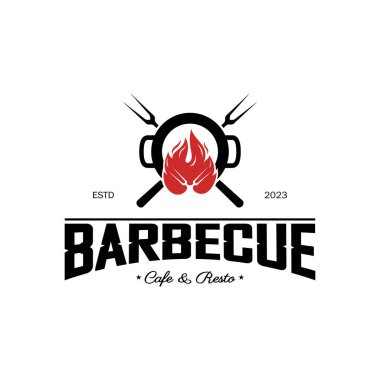 Çapraz alevler ve spatulayla basit bir barbekü ızgarası. Restoran, rozet, kafe ve barın logosu.