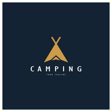 Antika ve eski çadır logosu, kamp. Çadır, ağaç ve şenlik ateşiyle. Maceracılar, keşifçiler, tırmanışçılar, kamp malzemeleri merkezi.