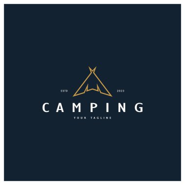 Antika ve eski çadır logosu, kamp. Çadır, ağaç ve şenlik ateşiyle. Maceracılar, keşifçiler, tırmanışçılar, kamp malzemeleri merkezi.