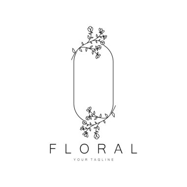 Zarif çiçek ve yaprak çerçevesi. Etiketler, kaplıcalar, şirket kimliği ve düğün davetiyeleri için narin botanik vektör çizimi