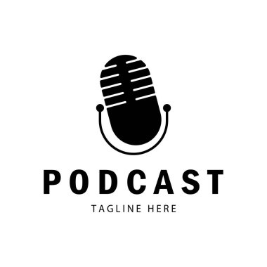 Podcast logosu, mikrofon, kulaklık, radyo dalgaları. Stüdyo, talk show, chat, bilgi paylaşımı, röportaj, multimedya ve web için.