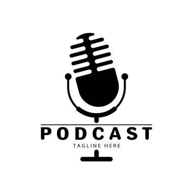 Podcast logosu, mikrofon, kulaklık, radyo dalgaları. Stüdyo, talk show, chat, bilgi paylaşımı, röportaj, multimedya ve web için.