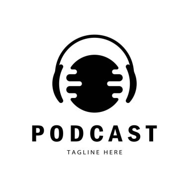 Podcast logosu, mikrofon, kulaklık, radyo dalgaları. Stüdyo, talk show, chat, bilgi paylaşımı, röportaj, multimedya ve web için.