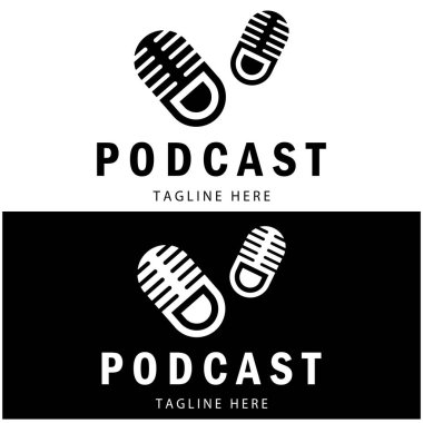 Podcast logosu, mikrofon, kulaklık, radyo dalgaları. Stüdyo, talk show, chat, bilgi paylaşımı, röportaj, multimedya ve web için.