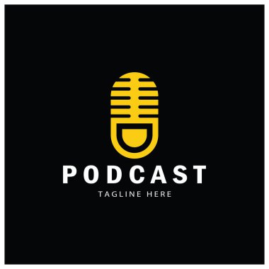 Podcast logosu, mikrofon, kulaklık, radyo dalgaları. Stüdyo, talk show, chat, bilgi paylaşımı, röportaj, multimedya ve web için.