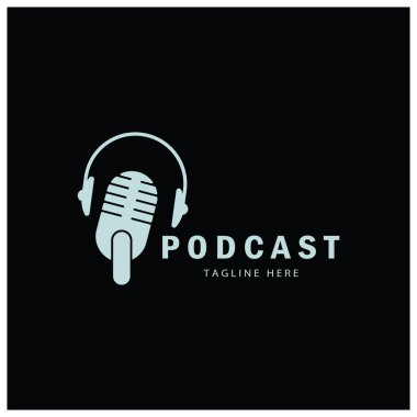 Podcast logosu, mikrofon, kulaklık, radyo dalgaları. Stüdyo, talk show, chat, bilgi paylaşımı, röportaj, multimedya ve web için.