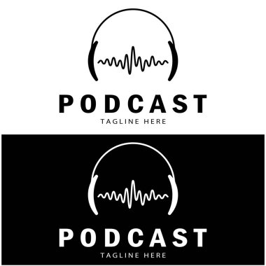 Podcast logosu, mikrofon, kulaklık, radyo dalgaları. Stüdyo, talk show, chat, bilgi paylaşımı, röportaj, multimedya ve web için.