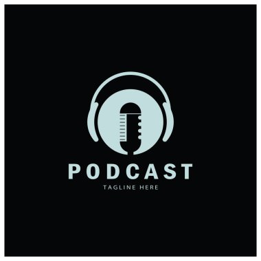 Podcast logosu, mikrofon, kulaklık, radyo dalgaları. Stüdyo, talk show, chat, bilgi paylaşımı, röportaj, multimedya ve web için.