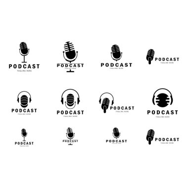Podcast logosu, mikrofon, kulaklık, radyo dalgaları. Stüdyo, talk show, chat, bilgi paylaşımı, röportaj, multimedya ve web için.