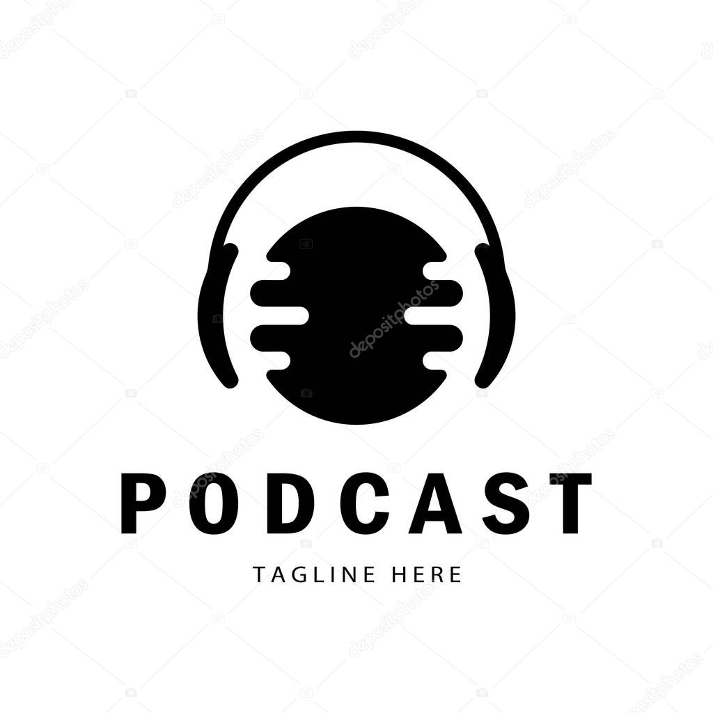 Podcast logo with microphone and earphone audio, radio waves. for studio, talk show, chat, information sharing, interview, multimedia and web.