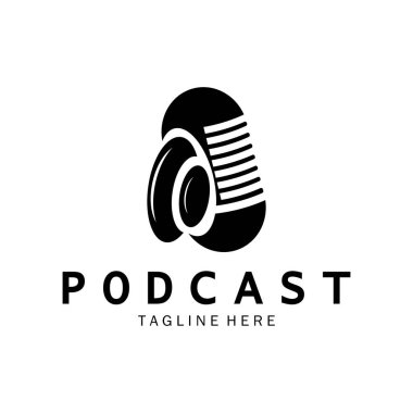 Podcast logosu, mikrofon, kulaklık, radyo dalgaları. Stüdyo, talk show, chat, bilgi paylaşımı, röportaj, multimedya ve web için.