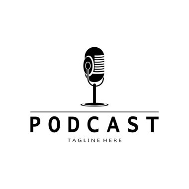 Podcast logosu, mikrofon, kulaklık, radyo dalgaları. Stüdyo, talk show, chat, bilgi paylaşımı, röportaj, multimedya ve web için.