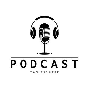 Podcast logosu, mikrofon, kulaklık, radyo dalgaları. Stüdyo, talk show, chat, bilgi paylaşımı, röportaj, multimedya ve web için.